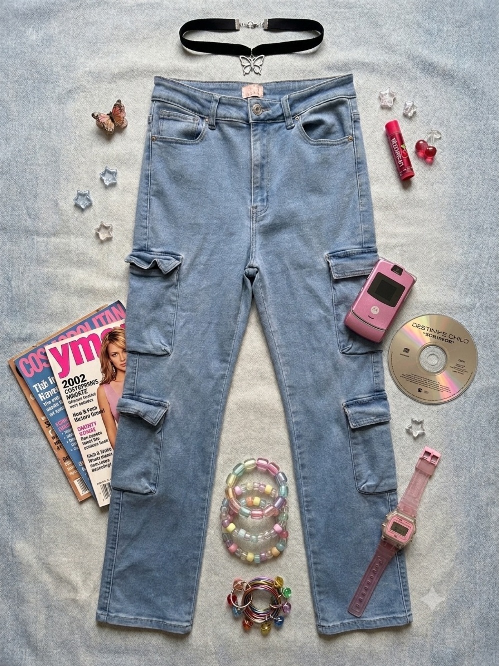 Light Blue Cargo Jeans for Women - Classic High Waist